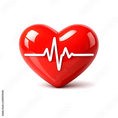 Red heart with white ECG line on plain white background symbolizing health and medical care