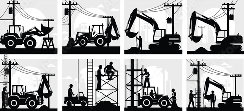 Vector construction silhouette set with heavy machinery excavator backhoe tractor and workers building electrical power lines for urban industrial development and utility maintenance project