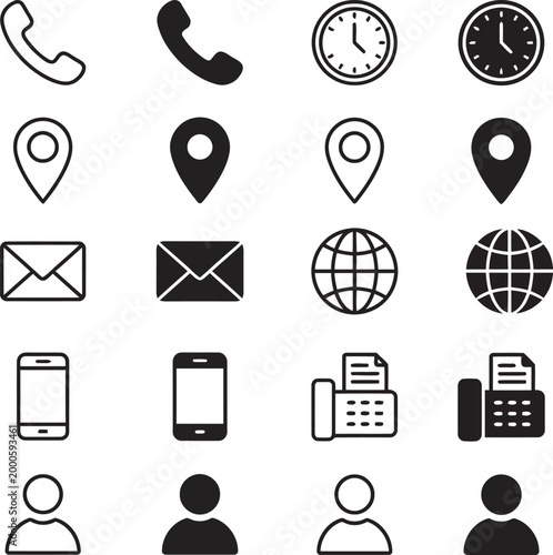 Collection of common communication and contact icons including telephones maps mail globe phone fax and people