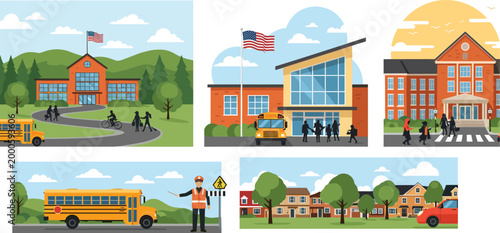 Vector school building set with yellow bus students walking campus and crossing guard for back to school education concept and urban neighborhood landscape design