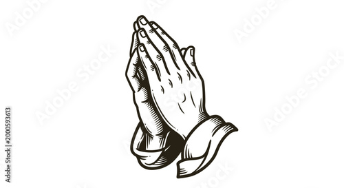 Detailed Vintage-Style Hand-Drawn Artwork of Hands Clasped in Prayer, Symbolizing Faith, Hope, Devotion, and Spirituality, Set Against a Clean White Background.