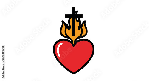 A stylized and symbolic representation of the Sacred Heart of Jesus, depicted as a vibrant red heart encircled by flames, topped with a bold, black cross, set on a simple white background us
