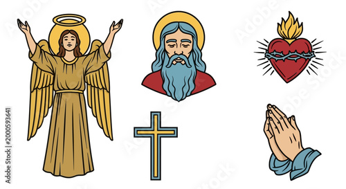 A detailed flat vector illustration set featuring an angel with open arms, God (Father), a Sacred Heart with flames, a cross, and praying hands, conveying themes of faith, spirituality, and 
