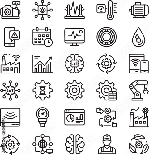 30 Predictive Maintenance Line Icons – Industrial Monitoring, Asset Reliability, Smart Factory Minimalist Vector Outline Set for UI UX