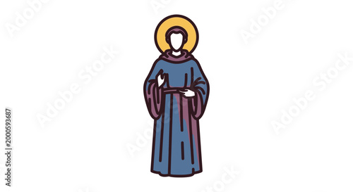 A stylized flat vector depiction of a saintly figure, depicted in a minimalist linear art style, exuding divinity and grace within a holy or spiritual religious setting on white.