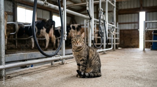 Farm cat sitting on the floor in a dairy barn with cows  