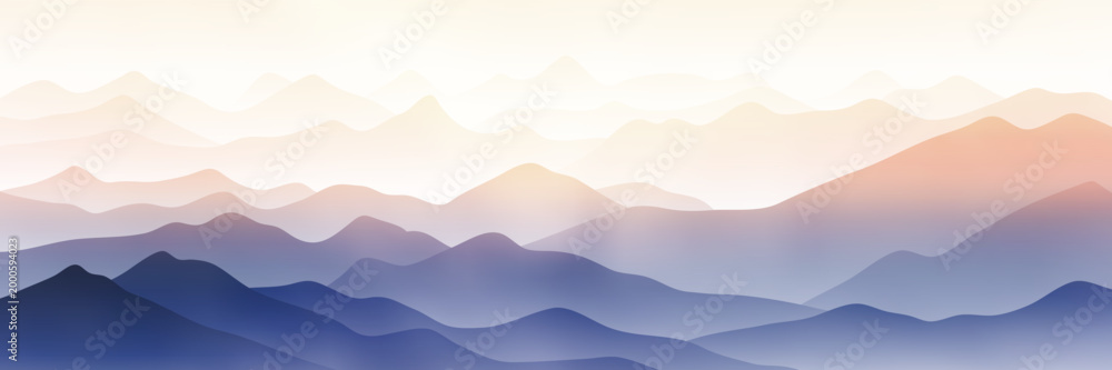 Fototapeta premium Sunrise in the mountains, ridges in the morning light, minimalistic landscape, vector illustration