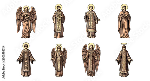 Collection of Winged Figures and Religious Beings in Ornate Vestments Isolated on White Background for Spiritual Themes