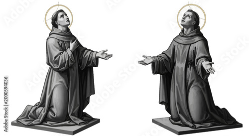 Two robed figures in contemplative poses with upward gazes and open hands suggesting prayer or supplication rendered in monochrome tones against a