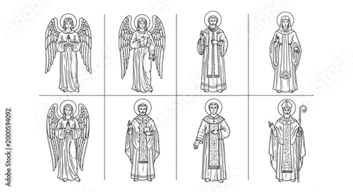 Collection of Religious Figures Including Winged Beings and Clergy in Vestments for Spiritual or Historical Themes