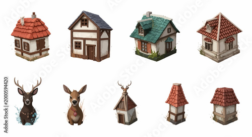 Collection Of Various Small European Styled Houses And Deer Figures On White Background For Design Element