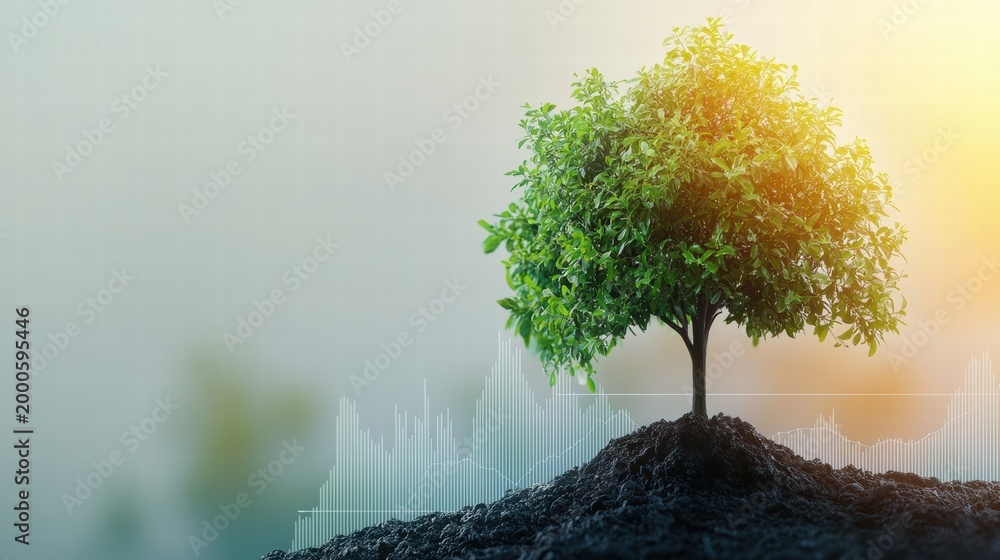 Fototapeta premium financial double exposure A tree with stock market charts and graphs growing out of its branches, representing growth and investment in the natural world.
