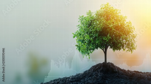 financial double exposure A tree with stock market charts and graphs growing out of its branches, representing growth and investment in the natural world.