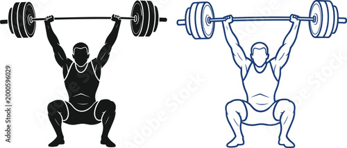 Stylized illustration of athletes performing overhead squat with barbell, showing strength, balance, and proper form in solid black and outlined blue designs