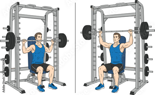 Illustration of athlete performing seated overhead barbell press on Smith machine, demonstrating shoulder and triceps strength training exercise with proper form