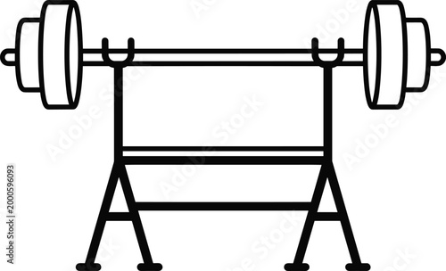 Black outline illustration of barbell resting on bench press stand with weight plates, representing gym equipment for strength training and bodybuilding exercises