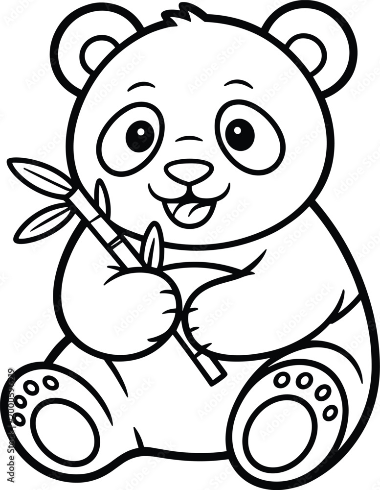 Obraz premium Cute panda cartoon line art illustration, adorable baby animal holding bamboo for kids coloring book and nursery design