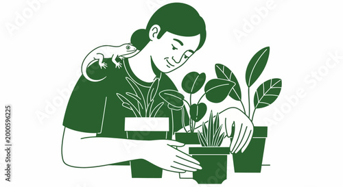 Woman caring for potted plants with a pet gecko