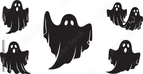 Five black ghost illustrations with white eyes