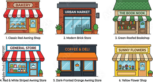 Billede på lærred Set of colorful storefront illustrations featuring a bakery urban market booksho