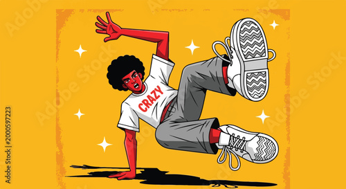 Energetic young Black man breakdancing in white t-shirt and sneakers comic style illustration on yellow.