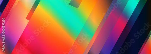 Bold layered color blocks collide, geometric gradient abstract background with oversized diagonal panels, translucent overlays, neon streaks, glass reflection and high energy synthwave vibe ideal