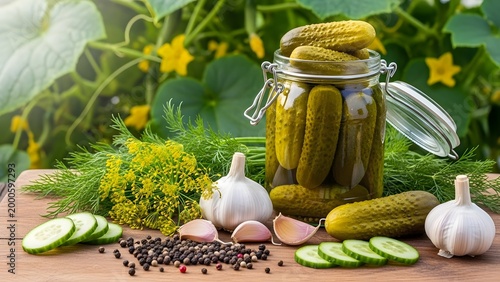 Homemade dill pickles in a jar with fresh ingredients and garden background