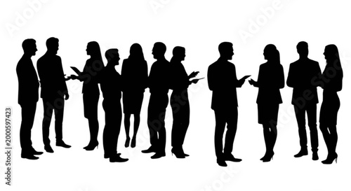 Black silhouettes of people talking in a group isolated on transparent background, Vector