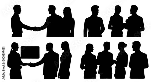 Black silhouettes of business people interacting isolated on transparent background, Vector