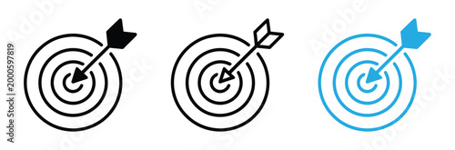 Three Target Icons with Arrows Hitting Bullseye in Black and Blue Colors for Business and Design Concepts