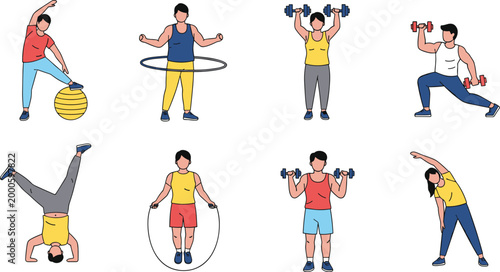 Illustration set of athletes performing diverse fitness activities including exercise ball balance, hula hoop, dumbbell lifts, lunges, handstand, jump rope, and stretching