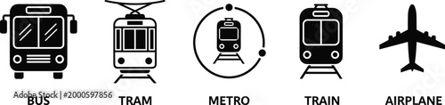 Black silhouette icons of bus, tram, metro, train, and airplane with labels, representing public transit and mass transportation signage symbols