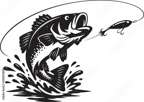 Jumping Largemouth Bass Vector Set: Fishing Lure, Hook, and Water Splash Silhouettes for Anglers