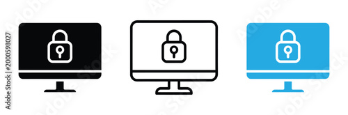 Computer monitor icons with padlock symbol for security and data protection on websites and applications