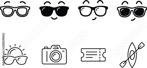 Detailed black and white flat vector illustration collection featuring summer travel icons including smiling sunglasses faces, camera, ticket, and rowing kayak.