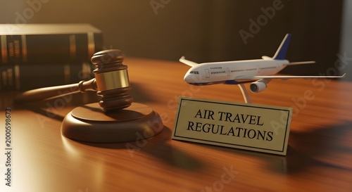 Air travel regulations concept with gavel and airplane model.