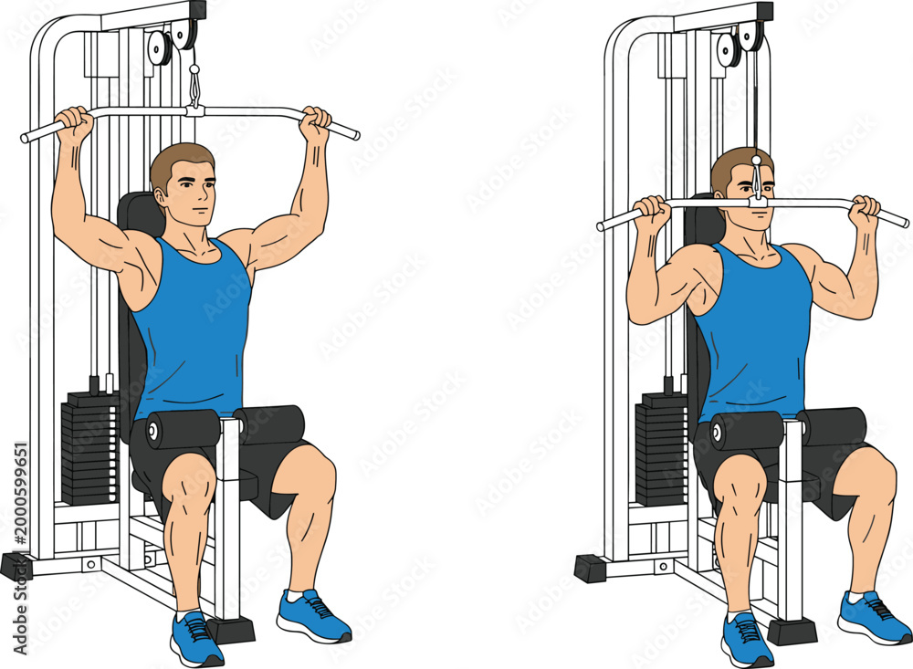 Fototapeta premium Illustration of athlete performing lat pulldown exercise on machine with weight stack and pulleys, demonstrating strength training for back muscles and latissimus dorsi