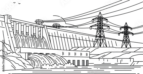 Black and white illustration of a large hydroelectric dam with water flowing through spillways and power lines reaching into the sky.