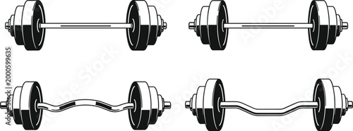 Illustration set of straight barbells and curl bars with weight plates, showcasing different strength training equipment designs for gym and bodybuilding exercises