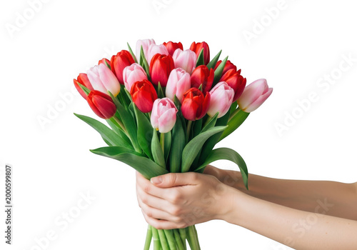 Hand holding a bouquet of red tulips