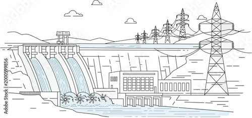 Minimalist line art depicts a hydroelectric power station with cascading water and transmission towers generating clean energy