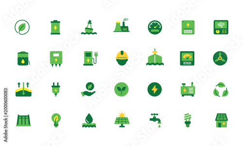 Collection of Modern Flat Design Icons Representing Renewable Energy Sources and Related Concepts