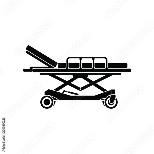 Medical stretcher icon, black gurney vector silhouette, hospital emergency bed for patient transport, clinical equipment for healthcare clinics