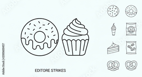 Outline Icons of Sweet Treats and Baked Goods.