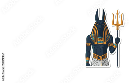 Atlantis Guard Anubis Sticker. Flat Vector Egyptian God Anubis with Poseidon Trident for Mythic Mashup.