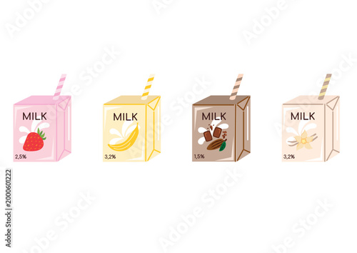 Set of flavored milk cartons with strawberry, banana, chocolate, and vanilla flavors. Flat vector illustration of dairy beverages with straws and milk splashes.