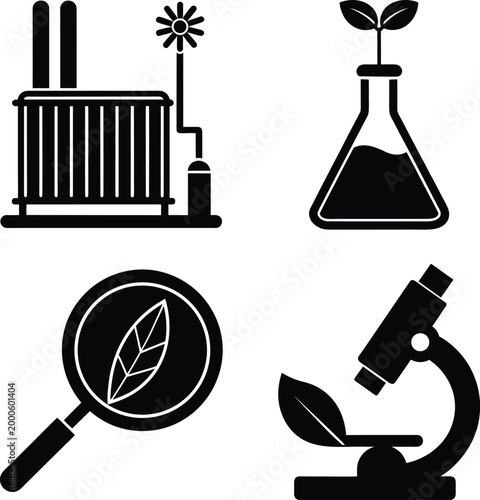 Biotechnology and Eco Friendly Industrial Research Concept Solid Silhouette Icons