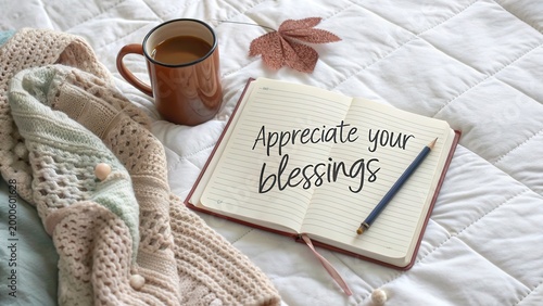 Cozy morning with coffee and appreciation journal