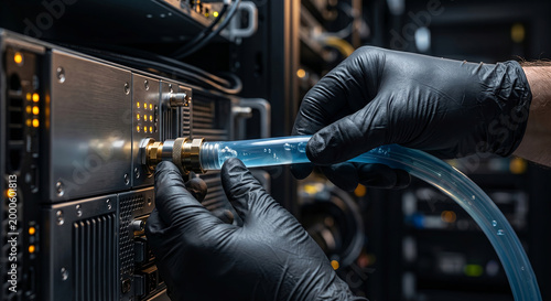 Gloved hands connecting transparent blue liquid cooling tube to server rack in data center.