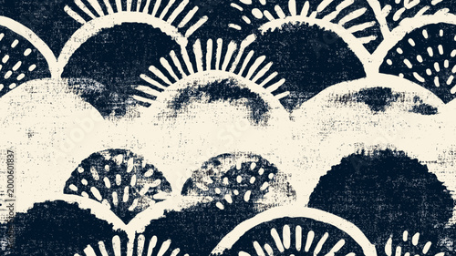 Japanese katazome style abstract block print pattern. Japanese katazome style block print pattern in navy on textured off-white background
